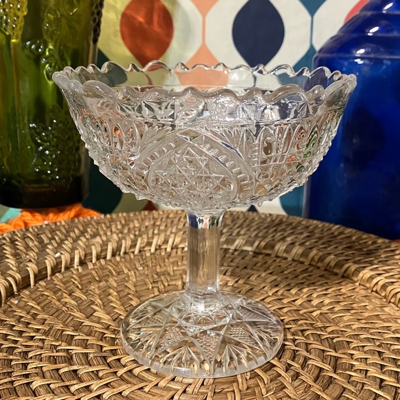 Vintage Pressed Glass Geometric Pedestal Compote Bowl With Sawtooth Rim Clear - Picture 2 of 10
